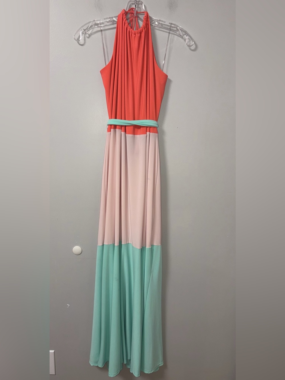 Ashley Stewart Coral Mint Peach Color Block Halter Maxi Dress 26/28 FLAWED